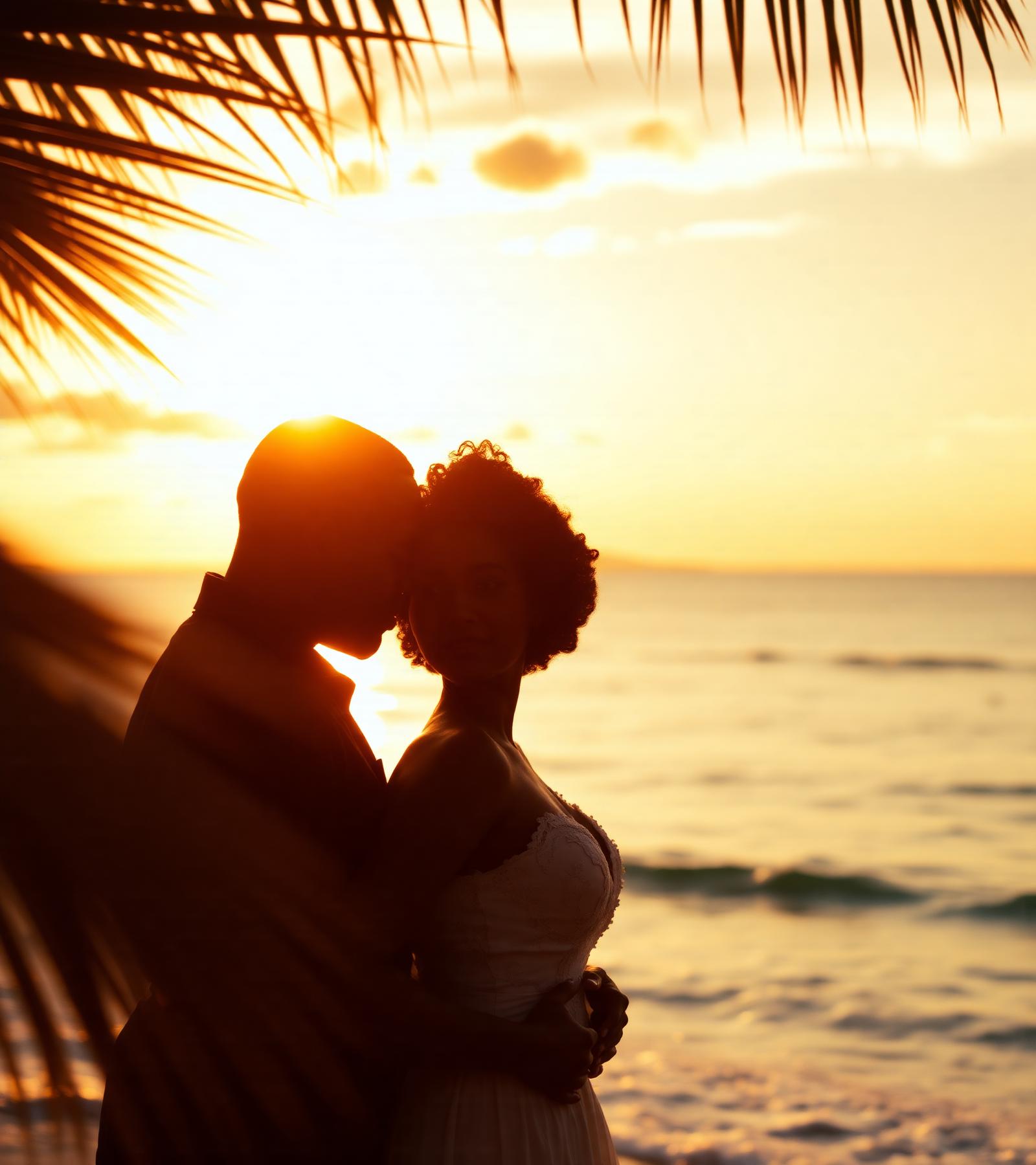 A Caribbean couple embracing at sunset on the beach